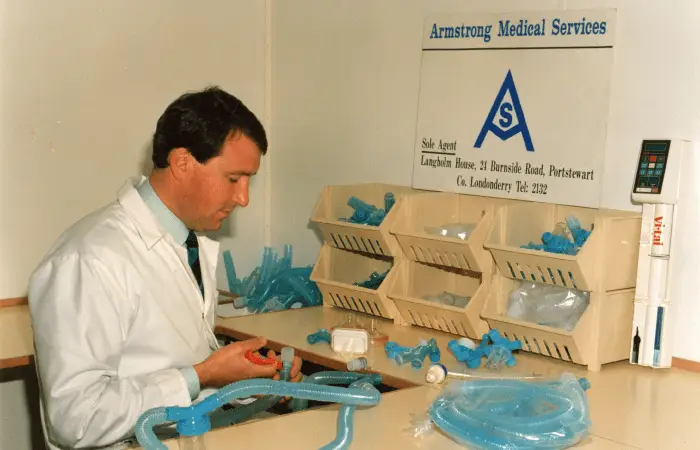 Picture of Armstrong Medical founder in the production facility in the early days Picture of Armstrong Medical founder in the production facility in the early days
