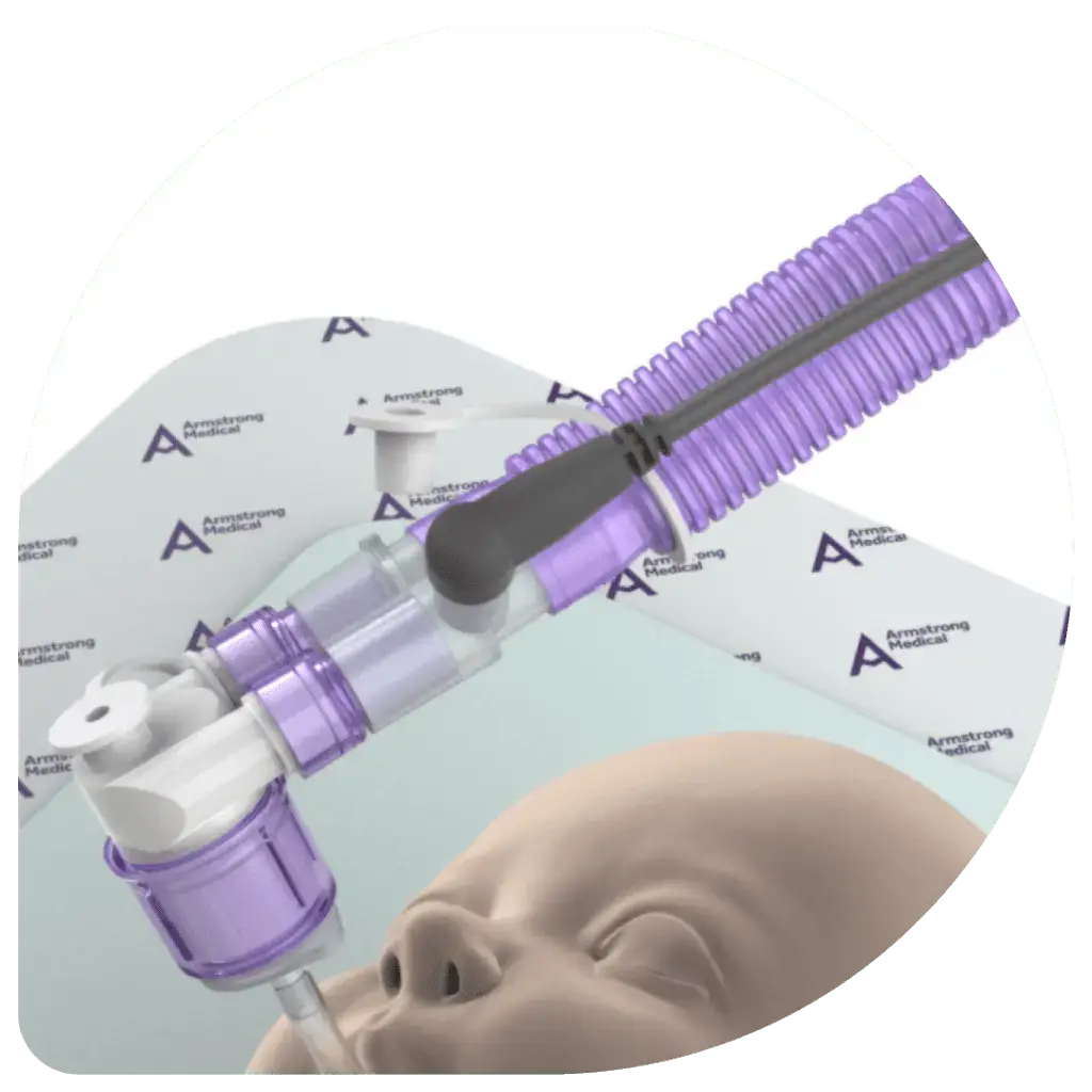 Computer generated image of a baby with Armstrong Medical Vapour Transmission device to show how limbs can be independently repositioned with reduced risk of disconnection.
