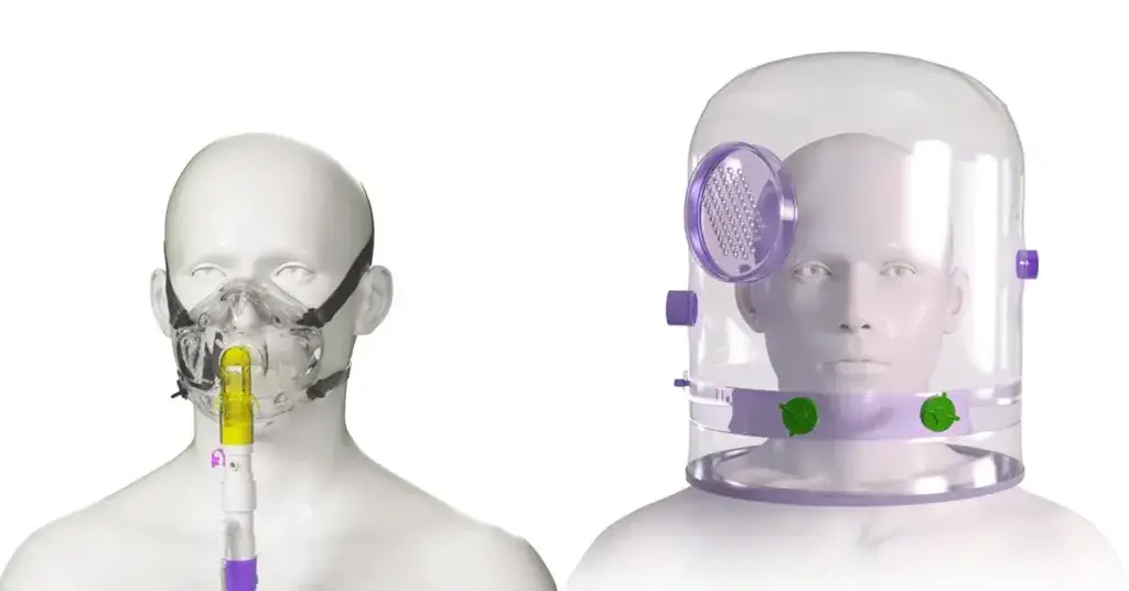 Illustration of two patients wearing a NIV mask and a Helmet Illustration of two patients wearing a NIV mask and a Helmet