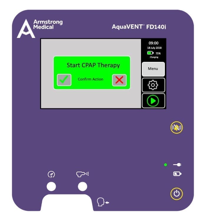 3D rendering of the AquaVENT FD140i CPAP Start Therapy screen