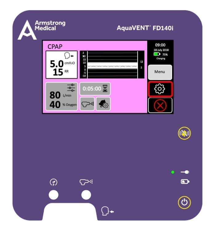 3D rendering of the AquaVENT FD140i CPAP screen with settings highlighted