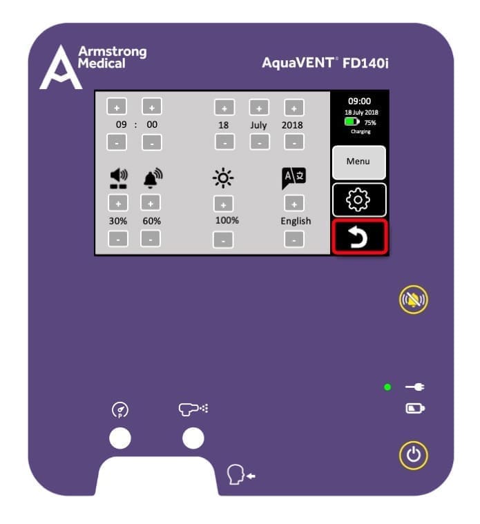 3D rendering of the AquaVENT FD140i settings screen with the step back button highlighted