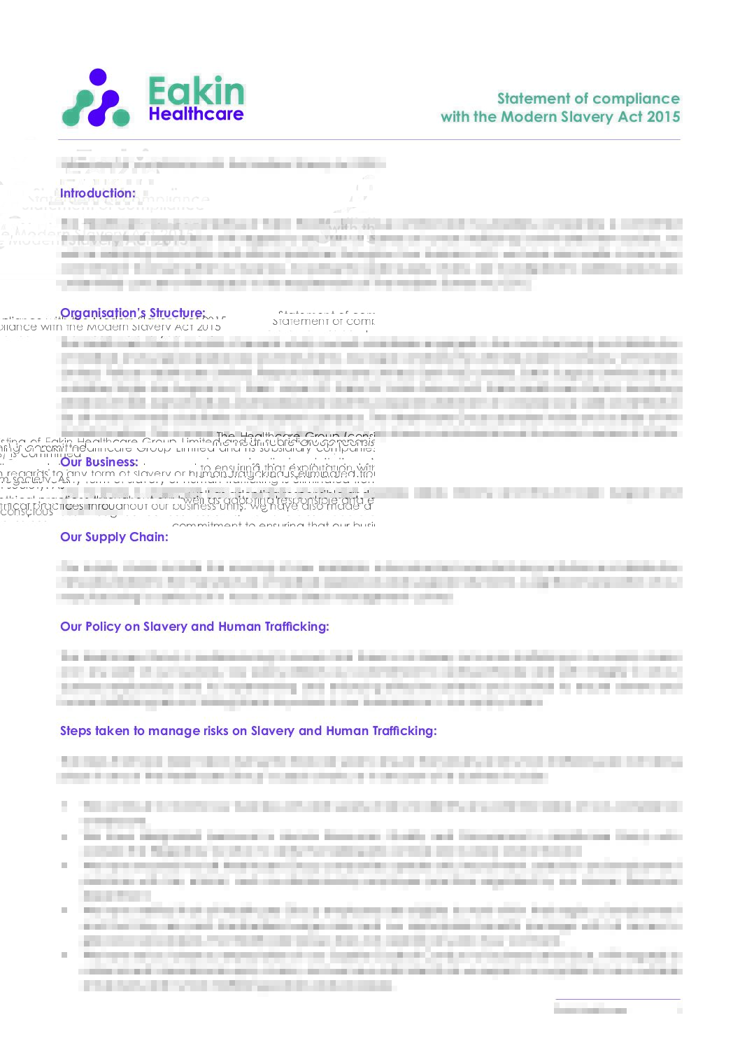 Statement of compliance with the Modern Slavery Act 2015 pdf Eakin Healthcare