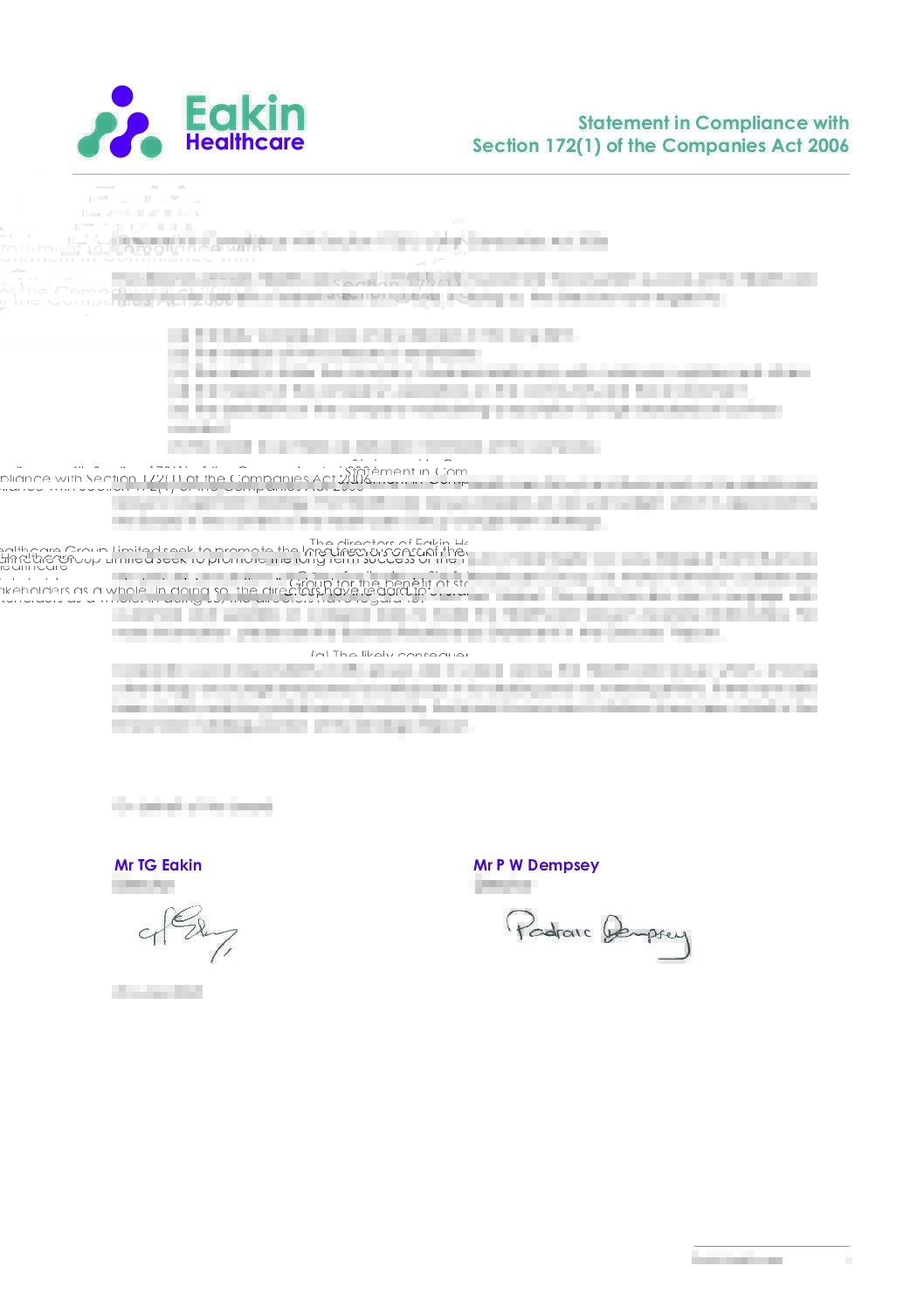 Statement in Compliance with Section 1721 of the Companies Act 2006 pdf Eakin Healthcare