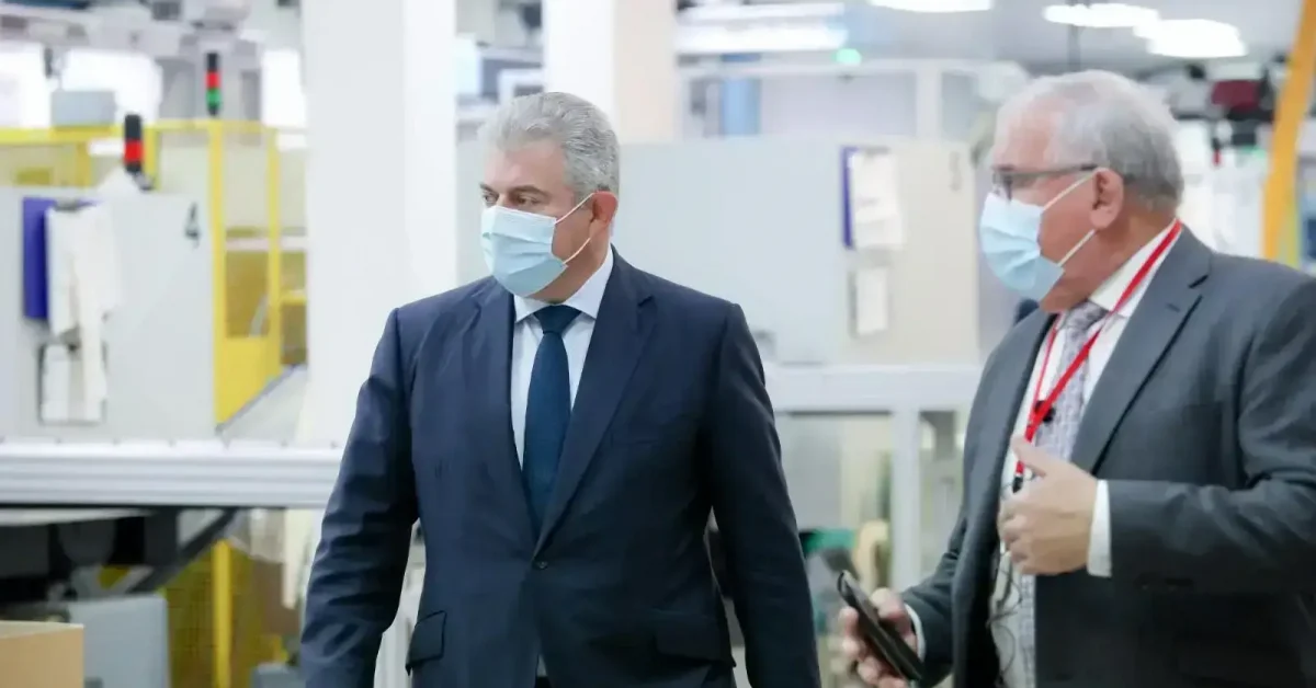 Secretary of State Brandon Lewis on a visit to Armstrong Medical